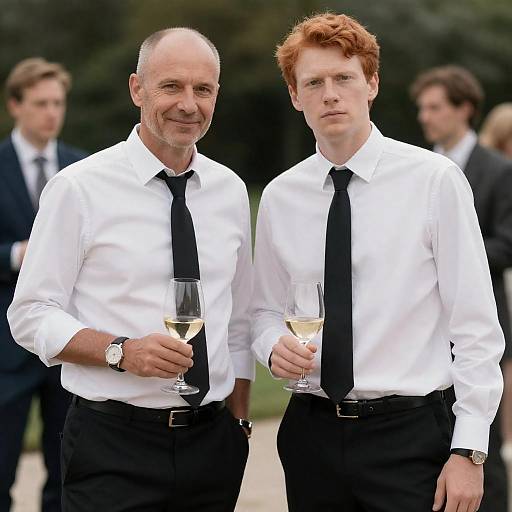 Two Men in White Shirts with Wine