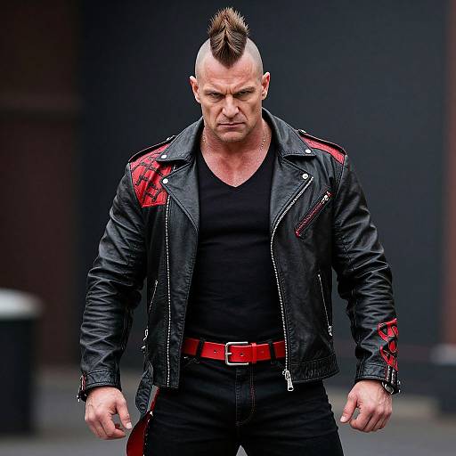 Muscular man with mohawk, black leather jacket, red accents, black shirt, and red belt, walking confidently in urban setting. Photograph.