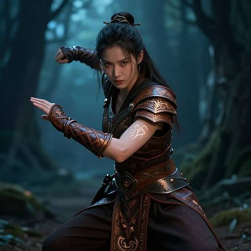 Digital art of a fierce, dark-haired woman in ornate brown armor with glowing tattoos, mid-action stance in a misty forest.