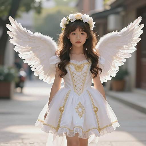 Little Girl in Angel Costume with Feather Wings