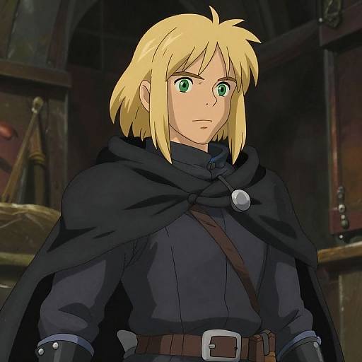 Anime-style digital drawing of a young blonde man with green eyes, wearing a black cloak, dark shirt, and brown belt, in a dimly lit