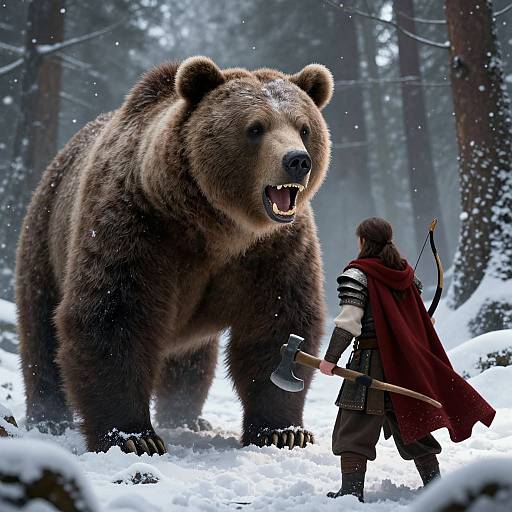 Digital artwork of a snow-covered forest: a large bear with open mouth faces a medieval warrior in red cloak, holding an axe. Snowflakes fall