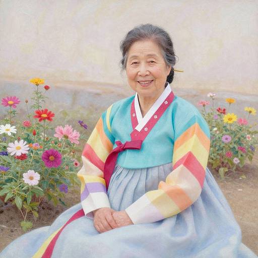 Elderly Korean Woman in Vibrant Garden