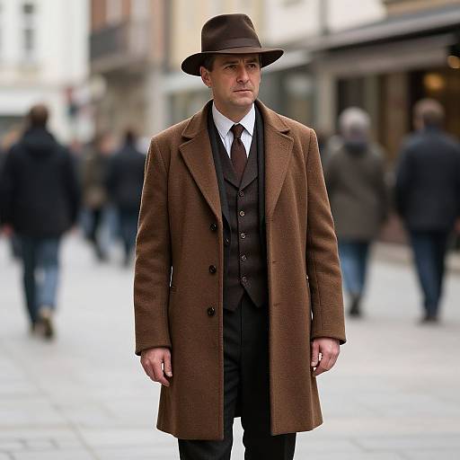 Man in Brown Coat and Hat on City Street