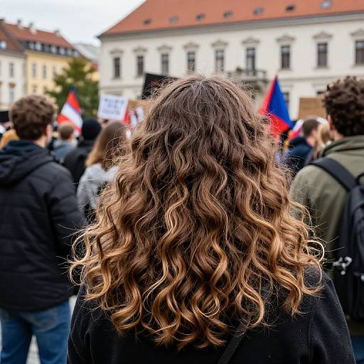 Photograph of a woman with long, wavy brown hair, facing away, surrounded by protesters holding flags and signs in an urban square.