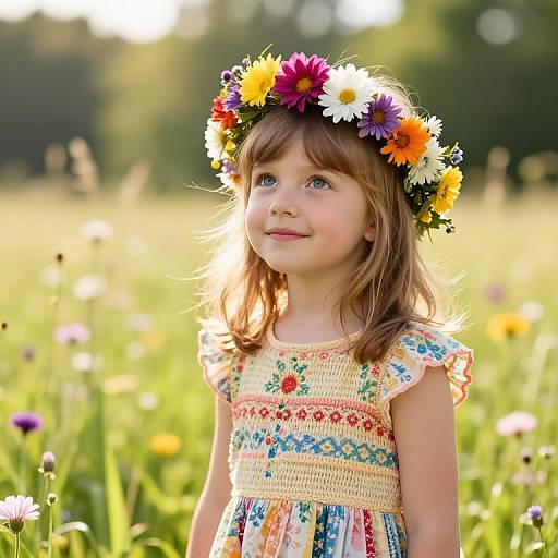 Girl in Sunlit Meadow with Flower Crown