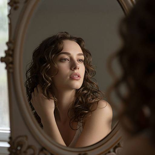 Photograph of a young woman with curly brown hair, fair skin, and light makeup, gazing into an ornate oval mirror, softly lit,