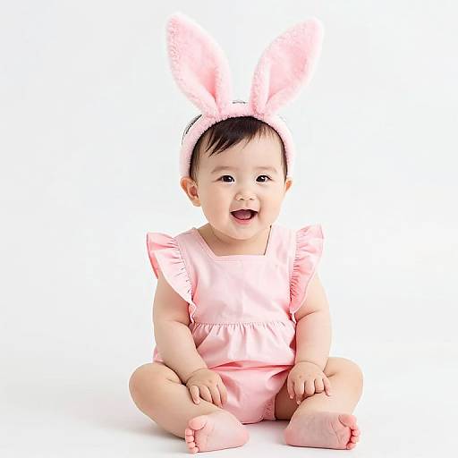 Photograph of a smiling baby with fair skin, wearing a pink dress and white bunny ears headband, sitting against a white background.