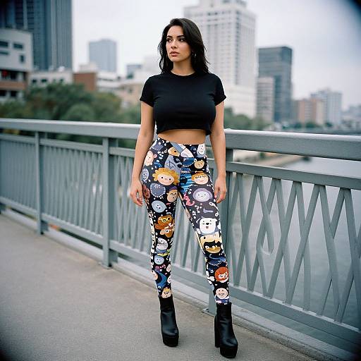 Photograph of a young woman with long dark hair, wearing a black crop top, colorful cartoon-print leggings, and black platform boots, standing on a