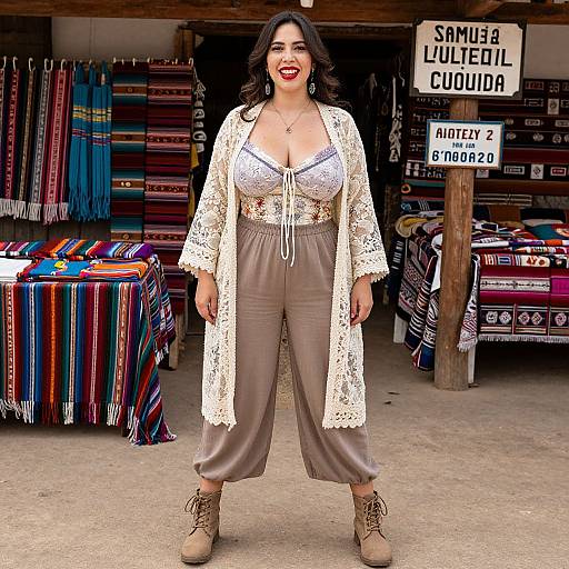 Photograph of a smiling Latina woman with dark hair, red lipstick, wearing a lace cardigan, gray top, high-waisted beige pants,