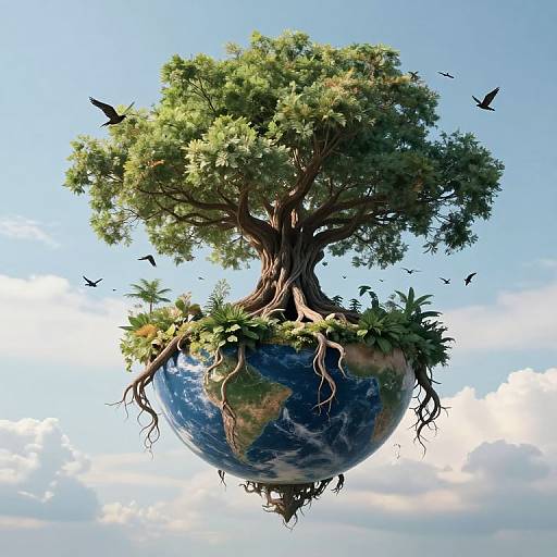 Photorealistic digital art: Earth as a floating, lush tree with green foliage, exposed roots, and birds flying around against a bright blue sky.