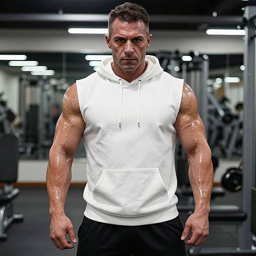 Photograph of a muscular, sweaty, middle-aged man with short dark hair in a white sleeveless hoodie and black pants, standing in a dimly