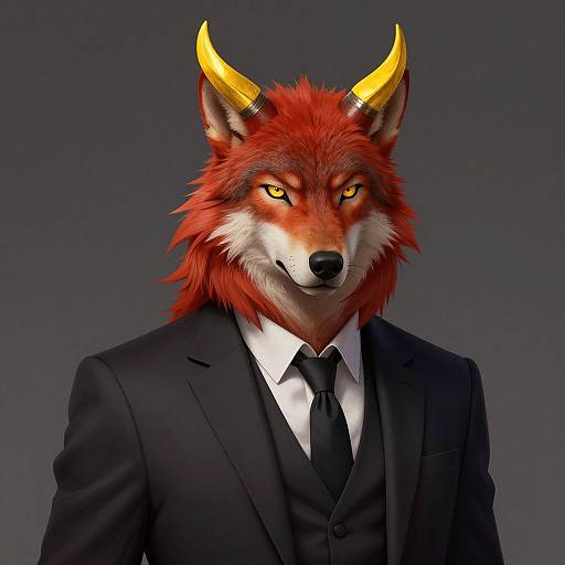 Digital art of an anthropomorphic red fox with yellow horns, wearing a black suit and tie, against a dark gradient background.