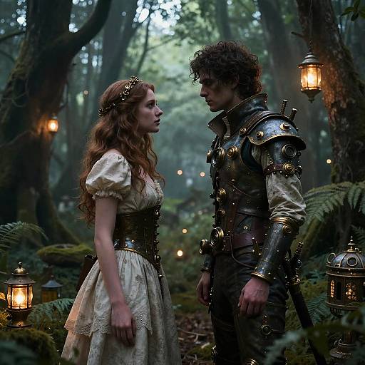Photograph of a fairy-tale forest scene; a red-haired woman in a white lace dress and tiara faces a curly-haired man in medieval armor