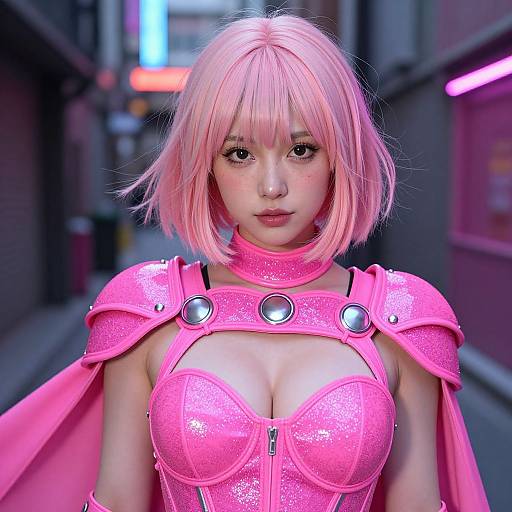 Digital art of an anime-style woman with pink bob haircut, pink armor, cleavage, and glowing neon city alley background.