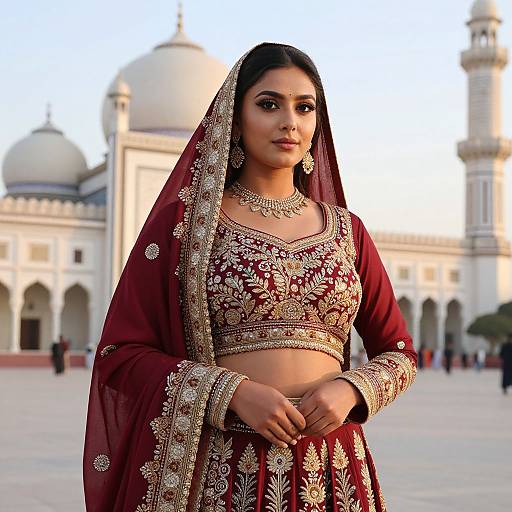 Photograph of a young South Asian woman in a red and gold embroidered traditional outfit, standing in front of a white domed mosque. She wears a