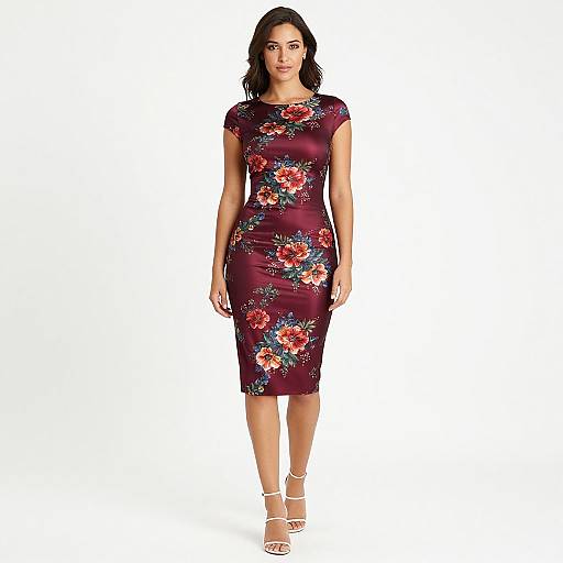 Photograph of a woman with dark hair, wearing a form-fitting, short-sleeve maroon dress adorned with colorful floral embroidery, standing against