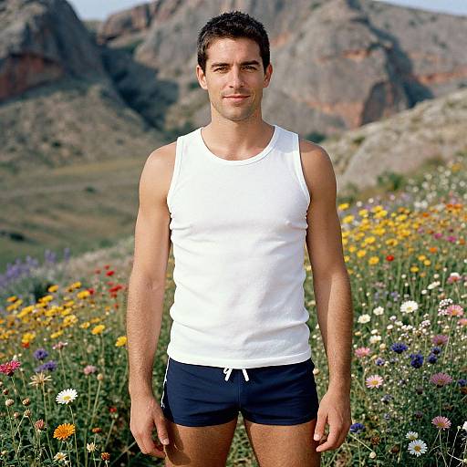 Man Among Wildflowers in Swimwear