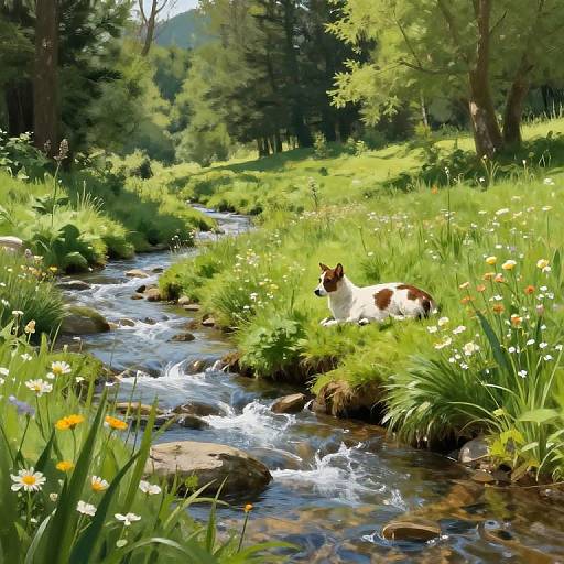 Digital artwork of a white and brown dog lying in a sunny, green meadow beside a flowing stream, surrounded by daisies and trees.