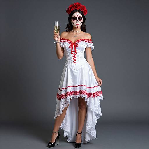 Photograph of a woman in a white, lace-trimmed, off-shoulder Day of the Dead dress, red roses in hair, face