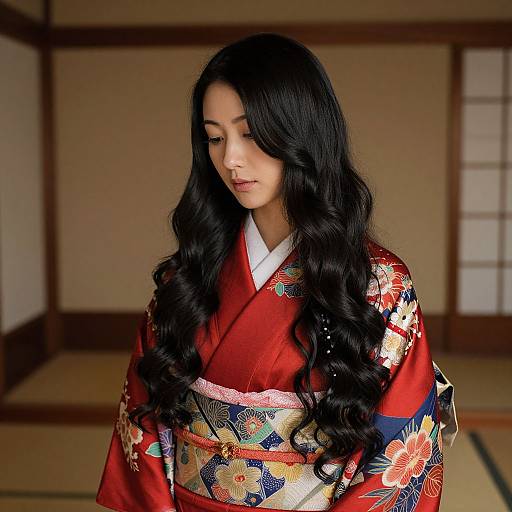 Photograph of an elegant Asian woman with long, wavy black hair, wearing a red floral kimono with a gold and blue obi, standing