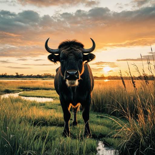 Buffalo in Wetland at Sunset