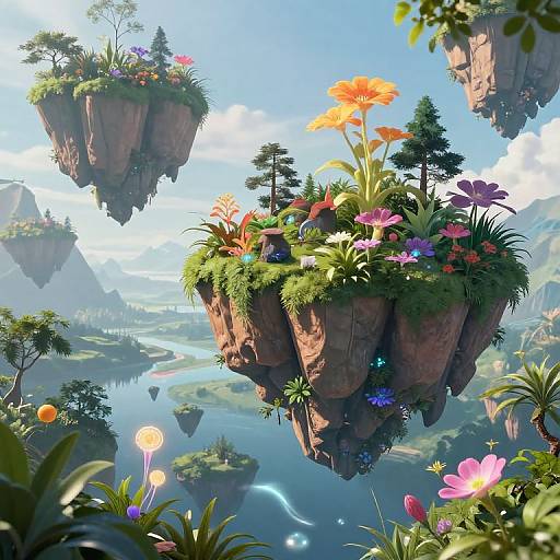 Whimsical CGI fantasy landscape featuring floating, flower-covered rock islands over a serene lake with colorful flowers and lush greenery.