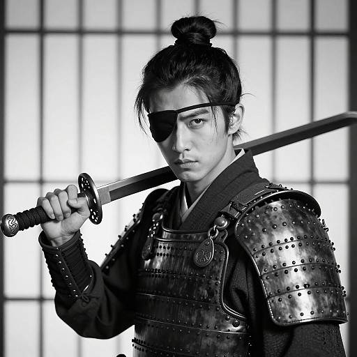 Intense Samurai Portrait in Black and White