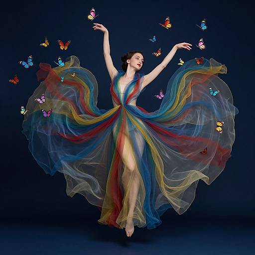 Photograph of a fair-skinned woman in a flowing, multicolored, sheer dress dancing against a dark blue background, surrounded by colorful butterflies.