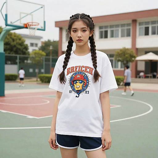 Teen Girl with Two-Strand Twists in Schoolyard Basketball Court