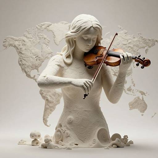Photograph of a white marble statue of a serene angel playing a violin, with intricate swirls and small animal figures at her feet, set against a