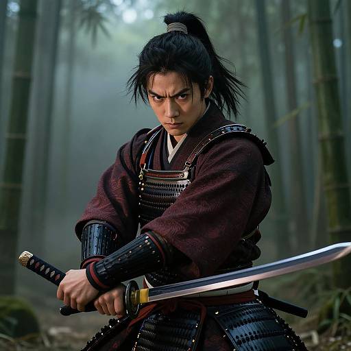 Photograph of a focused samurai with dark hair in a topknot, wearing a maroon kimono and black armor, gripping a katana