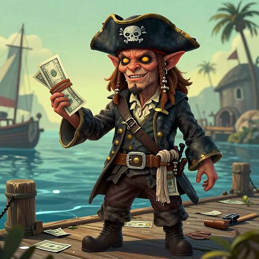 Digital cartoon of a grinning, orange-eyed pirate with pointed ears, holding money, wearing a skull-adorned hat, on a wooden dock.