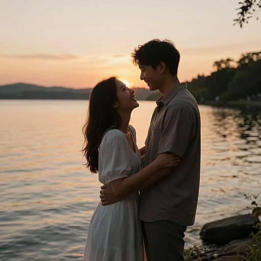 Photograph of a smiling couple standing by a sunset-lit lake, silhouetted against the golden sky, with the man gently holding her waist