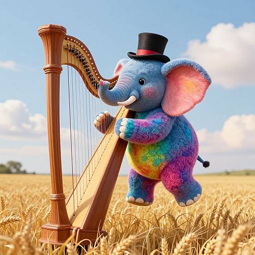 Colorful, fuzzy blue elephant with rainbow fur and top hat playing a wooden harp in a golden wheat field under a bright blue sky. Photoreal