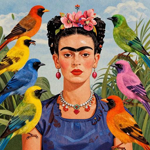 Digital painting of Frida Kahlo with dark hair adorned with flowers, wearing red earrings and necklace, surrounded by colorful birds.