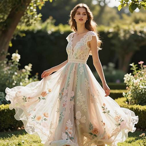 Photograph of a fair-skinned, brunette woman in a flowing, white lace and floral-embroidered ball gown, standing in a sunlit