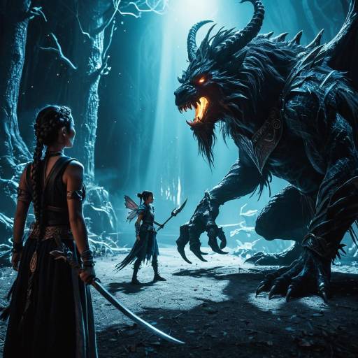 Fantasy Warrior Facing Shadow Beast in Enchanted Forest