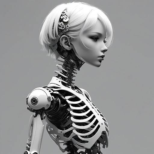 Digital CGI of a white-haired, humanoid robot with exposed skeletal structure, mechanical joints, and intricate wiring, in profile view.