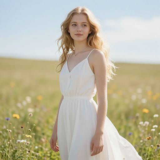 Photograph of a young woman with long, wavy blonde hair, wearing a white, sleeveless, V-neck dress, standing in a sunlit