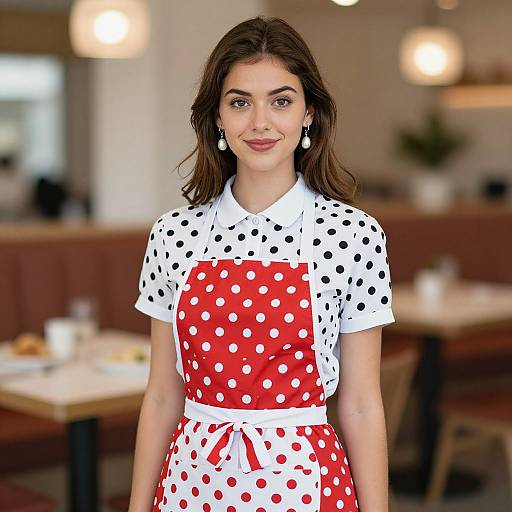 Photograph of a young woman with wavy brown hair, wearing a white polka-dot blouse with black dots, red polka-dot apron,