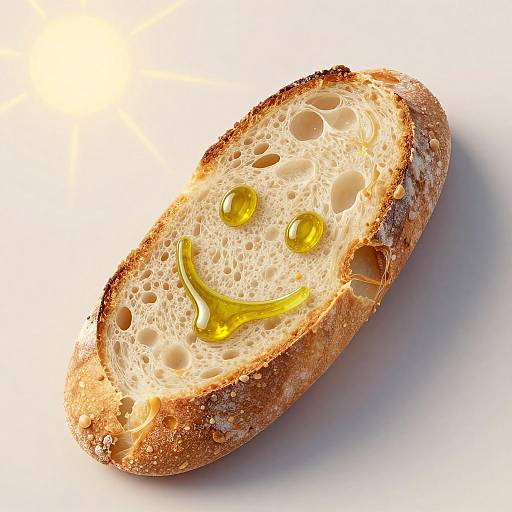 Photorealistic image of a toasted bread slice with two golden drops forming a smiling face on a white background.