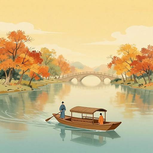 Digital illustration of a wooden boat with two people on a calm river, reflecting an autumn scene with orange leaves and a stone arch bridge in the background.