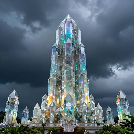Photograph of a towering, crystal-shaped glass building illuminated with colorful lights, set against a dark, stormy sky. Angular facets reflect vibrant hues,