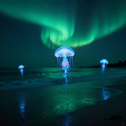 Photograph of glowing blue jellyfish floating under vibrant green aurora borealis, with a dark, starry night sky and reflective water.
