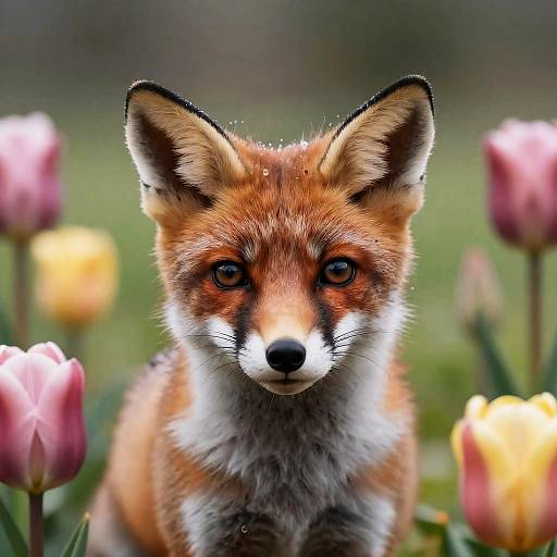 Hyperrealistic Baby Fox Among Tulips