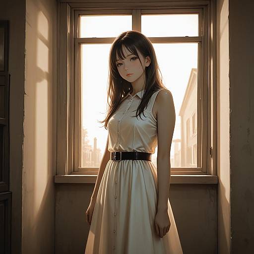 Woman in White Dress by Window