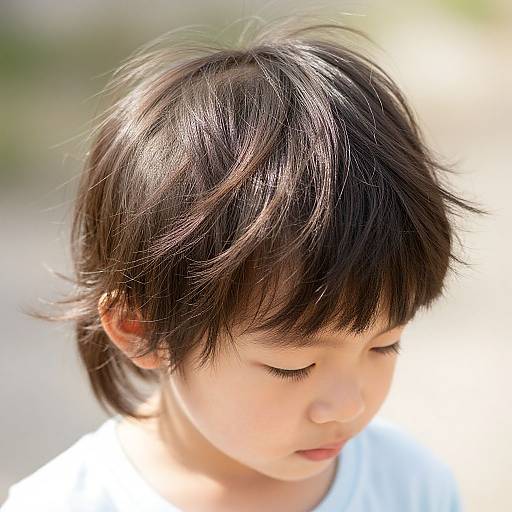 Close-up photograph of an Asian child with short, shiny black hair, soft light brown skin, and closed eyes, wearing a white shirt, against a