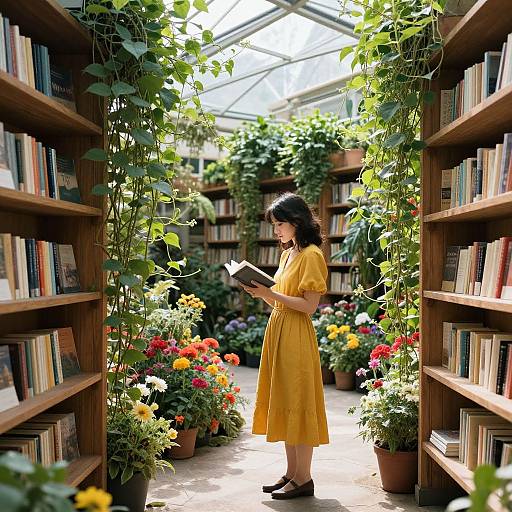 Photograph of a woman with dark hair in a yellow dress, reading a book in a sunlit greenhouse library, surrounded by bookshelves and colorful