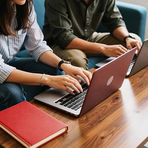 Sunlit Couple Working on Blue Couch